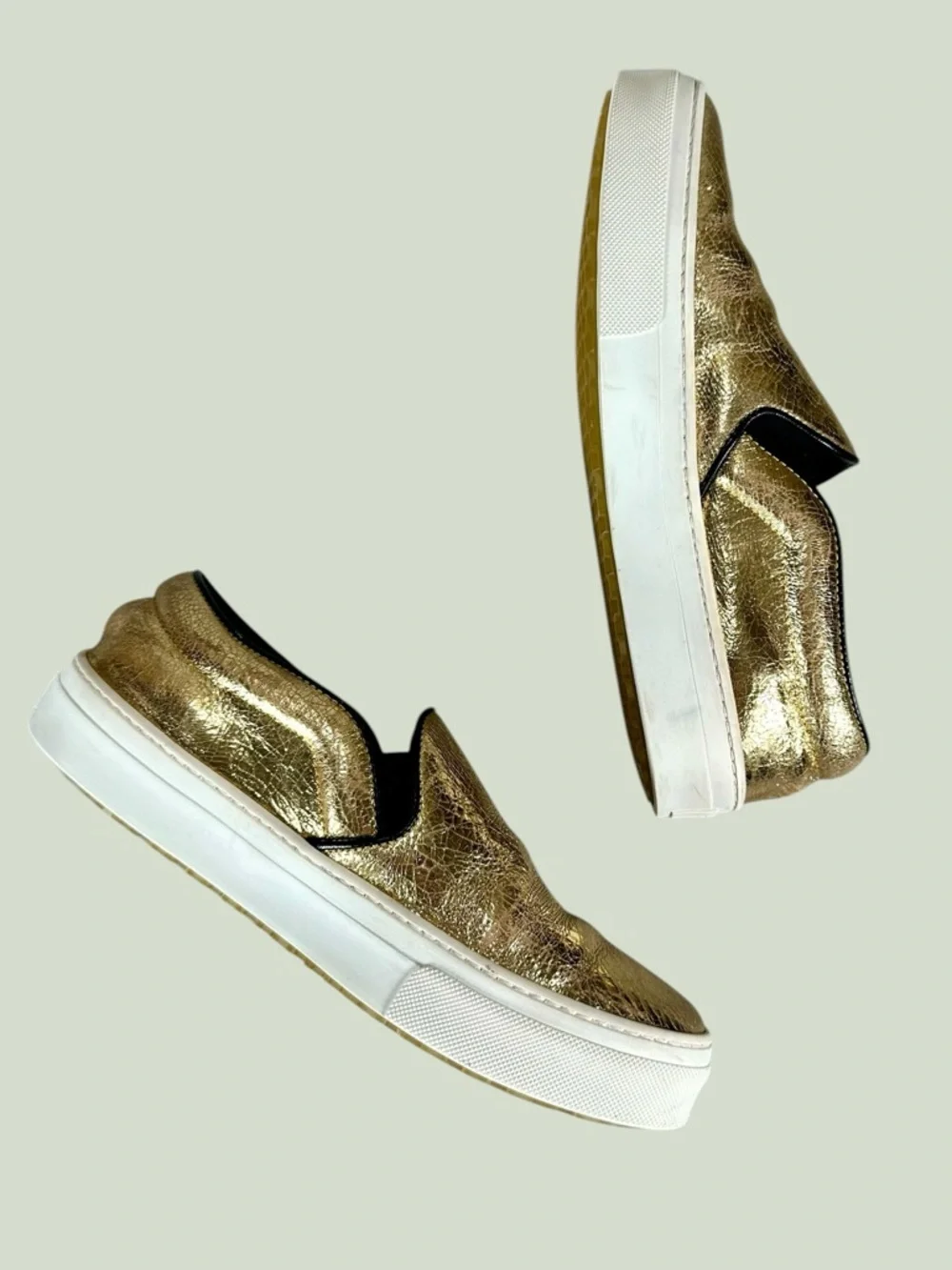 Celine Women’s Phoebe Philo Gold Metallic Crackle Leather Slip-On Sneakers - Picture 8 of 10